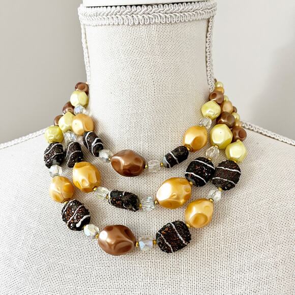 Vintage JAPAN 3-Strand Gold Chunky Bead Necklace & Earring Set - Picture 2 of 9